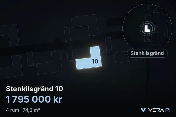 VERA PI's image of Stenkilsgränd 10: the building in 3D, lit in blue, and the map around it