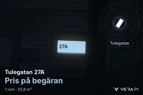 VERA PI:s bild av Tulegatan 27A: huset i 3D, upplyst i blått, och kartan runt omkring