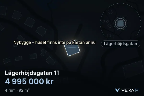 VERA PI's image of Lägerhöjdsgatan 11: the building in 3D, lit in blue, and the map around it