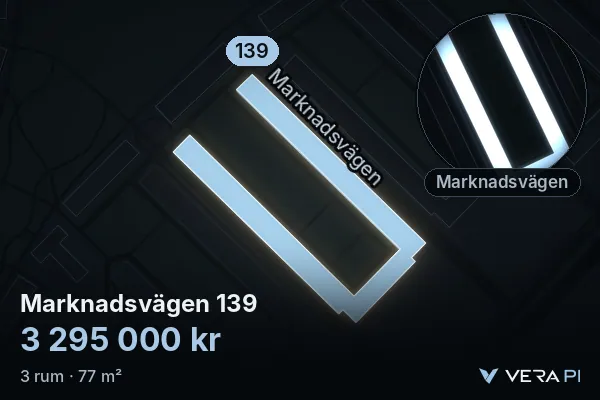 VERA PI:s bild av Marknadsvägen 139: huset i 3D, upplyst i blått, och kartan runt omkring