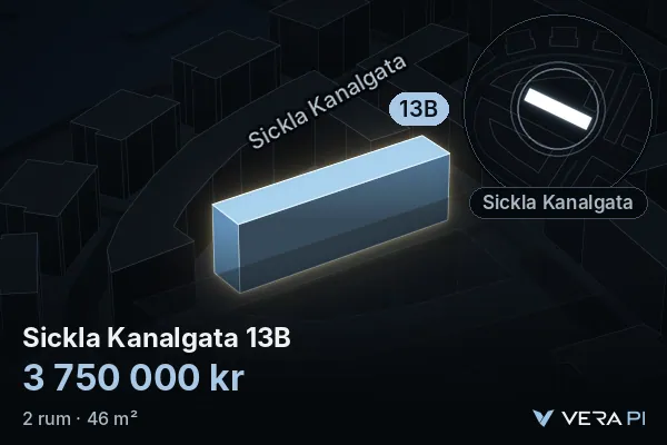 VERA PI:s bild av Sickla Kanalgata 13B: huset i 3D, upplyst i blått, och kartan runt omkring