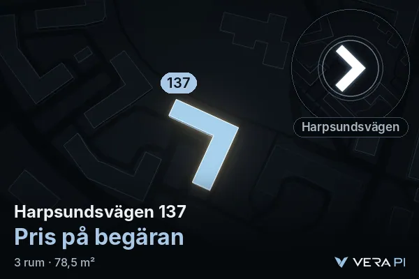 VERA PI:s bild av Harpsundsvägen 137: huset i 3D, upplyst i blått, och kartan runt omkring