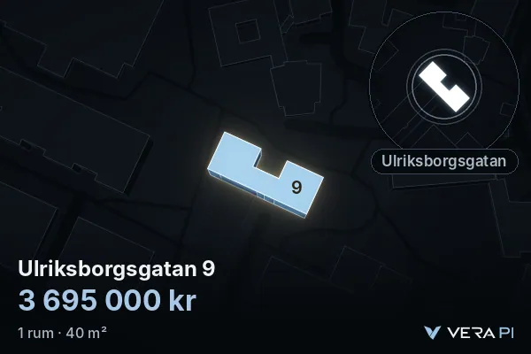 VERA PI:s bild av Ulriksborgsgatan 9: huset i 3D, upplyst i blått, och kartan runt omkring