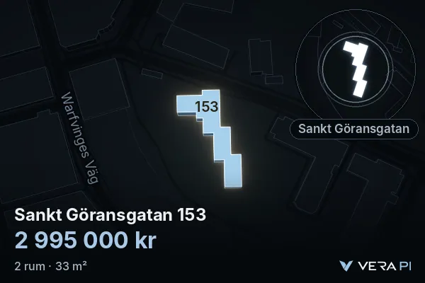 VERA PI:s bild av Sankt Göransgatan 153: huset i 3D, upplyst i blått, och kartan runt omkring