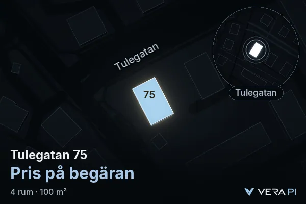 VERA PI:s bild av Tulegatan 75: huset i 3D, upplyst i blått, och kartan runt omkring