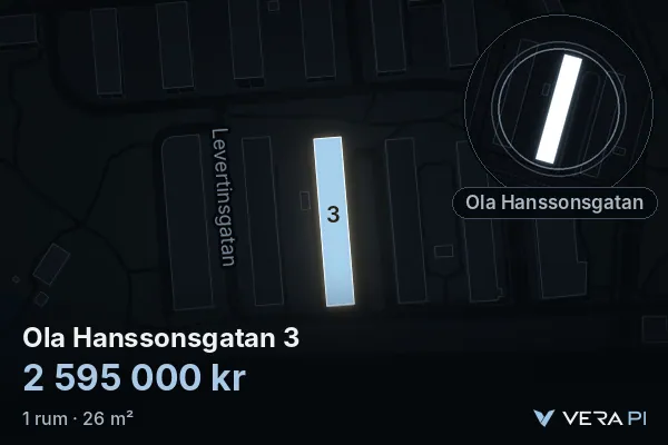 VERA PI:s bild av Ola Hanssonsgatan 3: huset i 3D, upplyst i blått, och kartan runt omkring