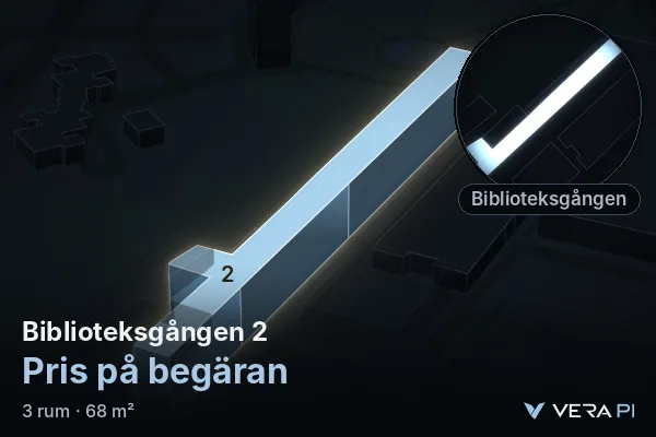 VERA PI:s bild av Biblioteksgången 2: huset i 3D, upplyst i blått, och kartan runt omkring