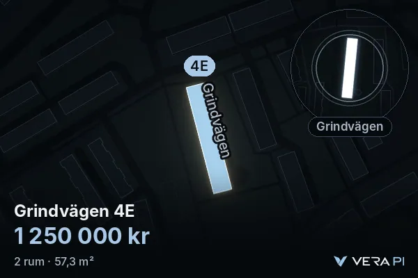 VERA PI:s bild av Grindvägen 4E: huset i 3D, upplyst i blått, och kartan runt omkring