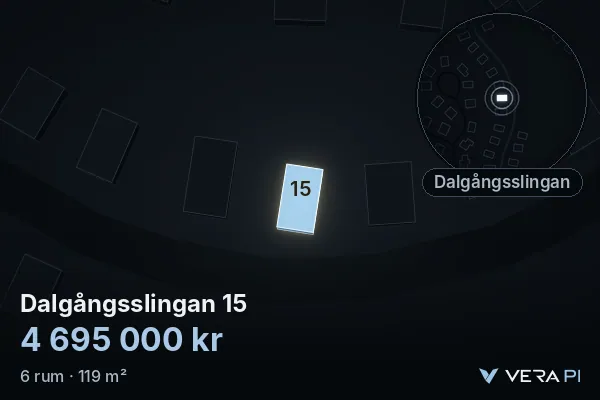 VERA PI:s bild av Dalgångsslingan 15: huset i 3D, upplyst i blått, och kartan runt omkring