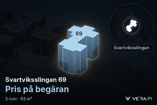 VERA PI:s bild av Svartviksslingan 69: huset i 3D, upplyst i blått, och kartan runt omkring