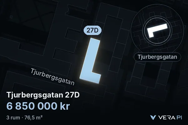 VERA PI:s bild av Tjurbergsgatan 27D: huset i 3D, upplyst i blått, och kartan runt omkring