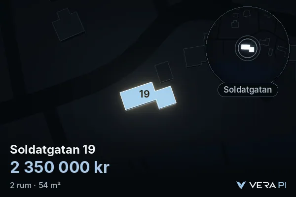 VERA PI's image of Soldatgatan 19: the building in 3D, lit in blue, and the map around it