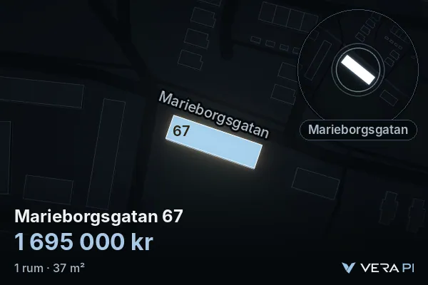 VERA PI:s bild av Marieborgsgatan 67: huset i 3D, upplyst i blått, och kartan runt omkring