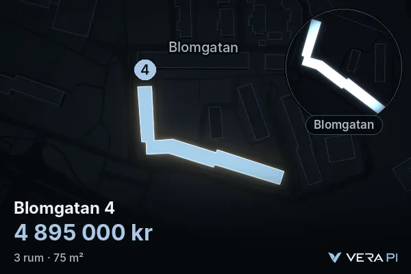 VERA PI's image of Blomgatan 4: the building in 3D, lit in blue, and the map around it