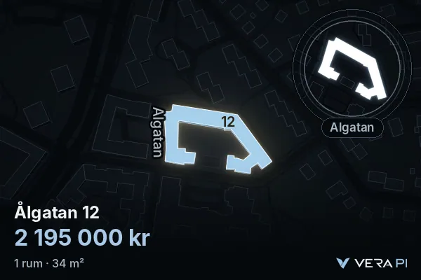 VERA PI's image of Ålgatan 12: the building in 3D, lit in blue, and the map around it