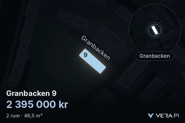 VERA PI:s bild av Granbacken 9: huset i 3D, upplyst i blått, och kartan runt omkring