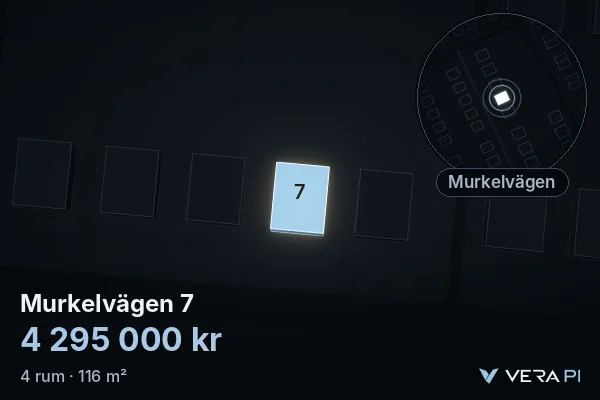 VERA PI's image of Murkelvägen 7: the building in 3D, lit in blue, and the map around it