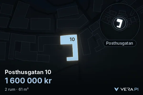 VERA PI:s bild av Posthusgatan 10: huset i 3D, upplyst i blått, och kartan runt omkring