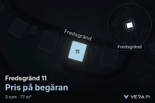 VERA PI:s bild av Fredsgränd 11: huset i 3D, upplyst i blått, och kartan runt omkring