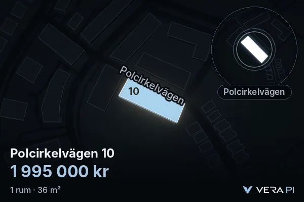 VERA PI:s bild av Polcirkelvägen 10: huset i 3D, upplyst i blått, och kartan runt omkring