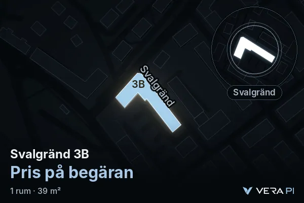 VERA PI:s bild av Svalgränd 3B: huset i 3D, upplyst i blått, och kartan runt omkring