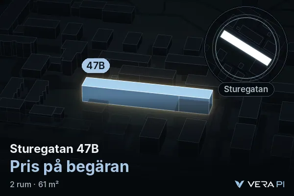 VERA PI's image of Sturegatan 47B: the building in 3D, lit in blue, and the map around it