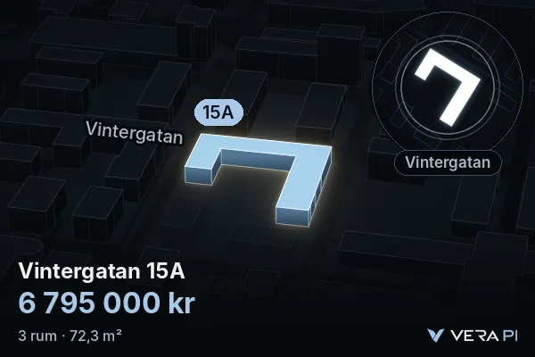 VERA PI:s bild av Vintergatan 15A: huset i 3D, upplyst i blått, och kartan runt omkring