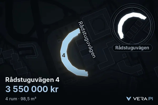 VERA PI:s bild av Rådstuguvägen 4: huset i 3D, upplyst i blått, och kartan runt omkring