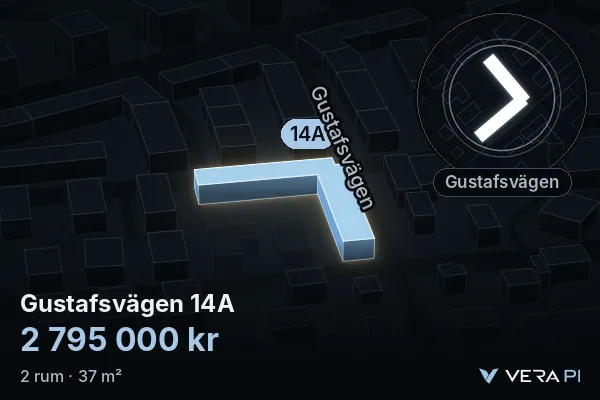 VERA PI:s bild av Gustafsvägen 14A: huset i 3D, upplyst i blått, och kartan runt omkring