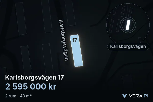 VERA PI:s bild av Karlsborgsvägen 17: huset i 3D, upplyst i blått, och kartan runt omkring