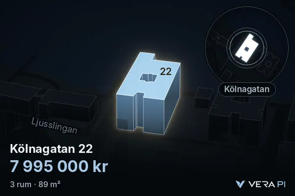 VERA PI:s bild av Kölnagatan 22: huset i 3D, upplyst i blått, och kartan runt omkring