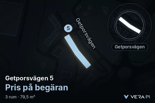 VERA PI:s bild av Getporsvägen 5: huset i 3D, upplyst i blått, och kartan runt omkring