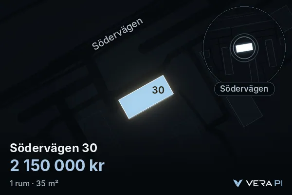 VERA PI:s bild av Södervägen 30: huset i 3D, upplyst i blått, och kartan runt omkring