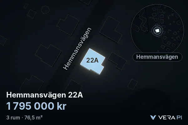 VERA PI:s bild av Hemmansvägen 22A: huset i 3D, upplyst i blått, och kartan runt omkring