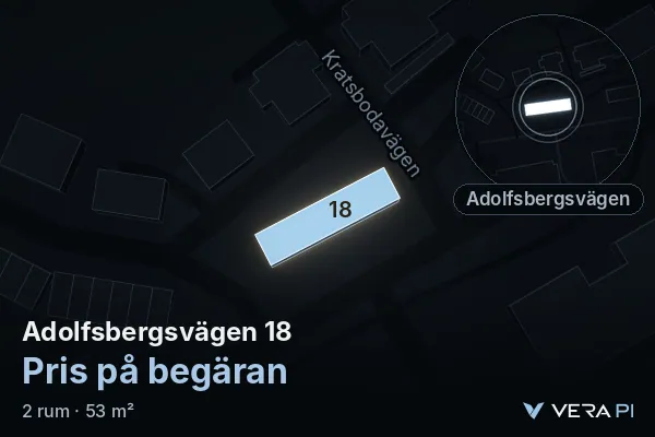 VERA PI's image of Adolfsbergsvägen 18: the building in 3D, lit in blue, and the map around it
