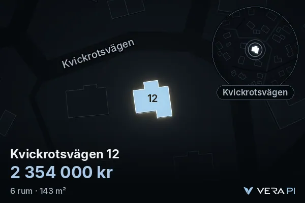 VERA PI:s bild av Kvickrotsvägen 12: huset i 3D, upplyst i blått, och kartan runt omkring
