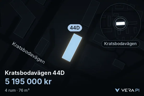 VERA PI:s bild av Kratsbodavägen 44D: huset i 3D, upplyst i blått, och kartan runt omkring