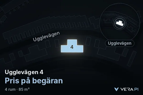 VERA PI's image of Ugglevägen 4: the building in 3D, lit in blue, and the map around it
