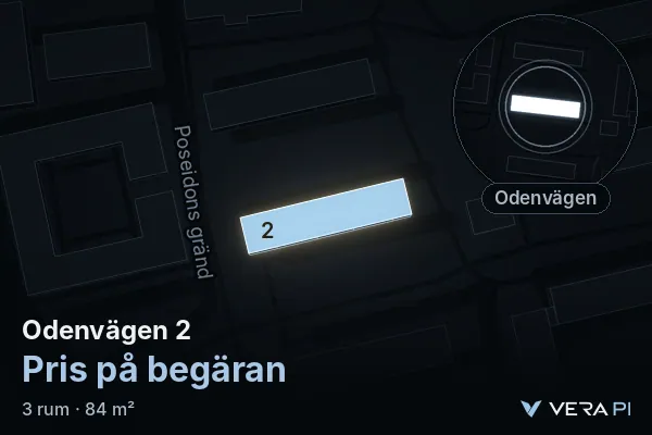 VERA PI:s bild av Odenvägen 2: huset i 3D, upplyst i blått, och kartan runt omkring