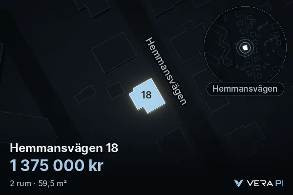 VERA PI:s bild av Hemmansvägen 18: huset i 3D, upplyst i blått, och kartan runt omkring