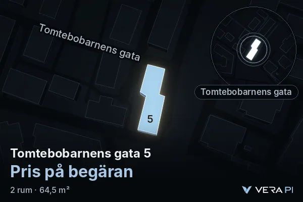 VERA PI's image of Tomtebobarnens gata 5: the building in 3D, lit in blue, and the map around it