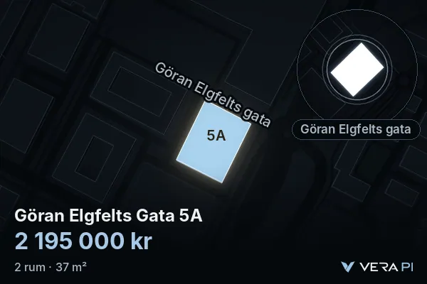 VERA PI:s bild av Göran Elgfelts Gata 5A: huset i 3D, upplyst i blått, och kartan runt omkring