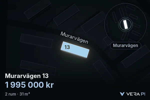 VERA PI:s bild av Murarvägen 13: huset i 3D, upplyst i blått, och kartan runt omkring
