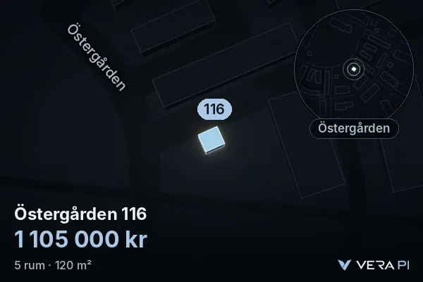 VERA PI's image of Östergården 116: the building in 3D, lit in blue, and the map around it