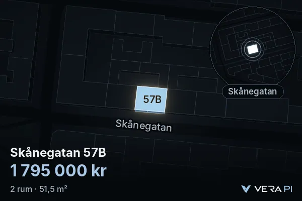 VERA PI:s bild av Skånegatan 57B: huset i 3D, upplyst i blått, och kartan runt omkring