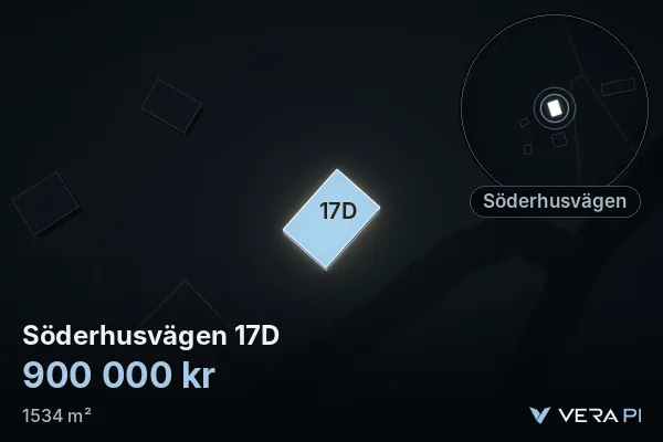VERA PI:s bild av Söderhusvägen 17D: huset i 3D, upplyst i blått, och kartan runt omkring