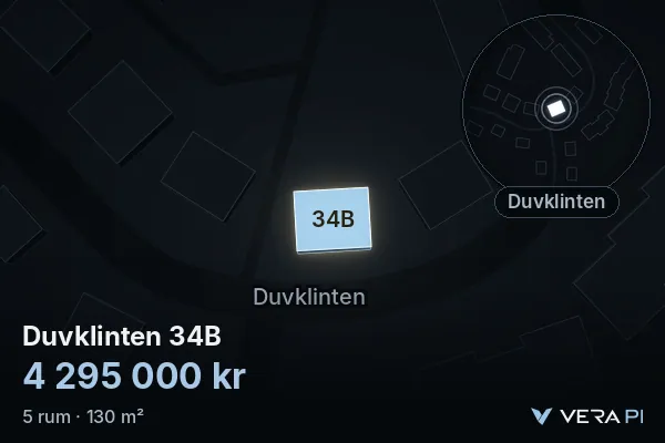 VERA PI:s bild av Duvklinten 34B: huset i 3D, upplyst i blått, och kartan runt omkring