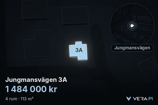 VERA PI:s bild av Jungmansvägen 3A: huset i 3D, upplyst i blått, och kartan runt omkring