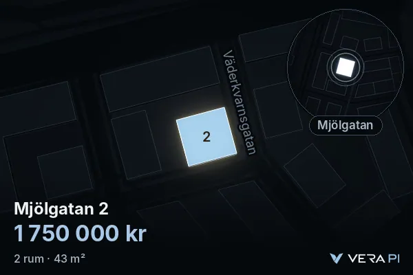 VERA PI's image of Mjölgatan 2: the building in 3D, lit in blue, and the map around it