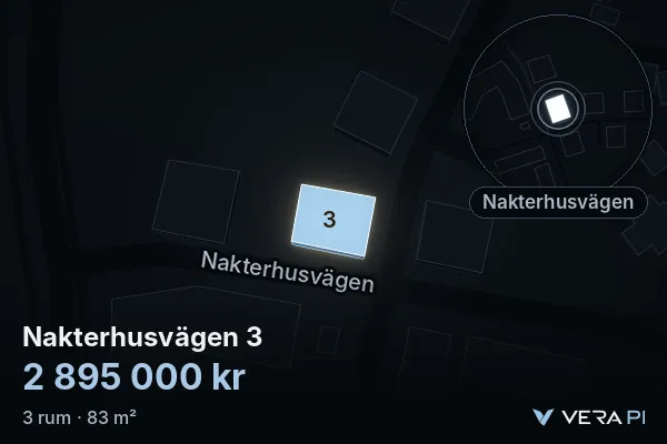 VERA PI:s bild av Nakterhusvägen 3: huset i 3D, upplyst i blått, och kartan runt omkring
